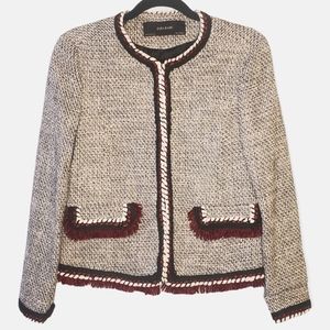 Zara Basic Tweed Jacket Blazer with Chenille Trim Size Medium